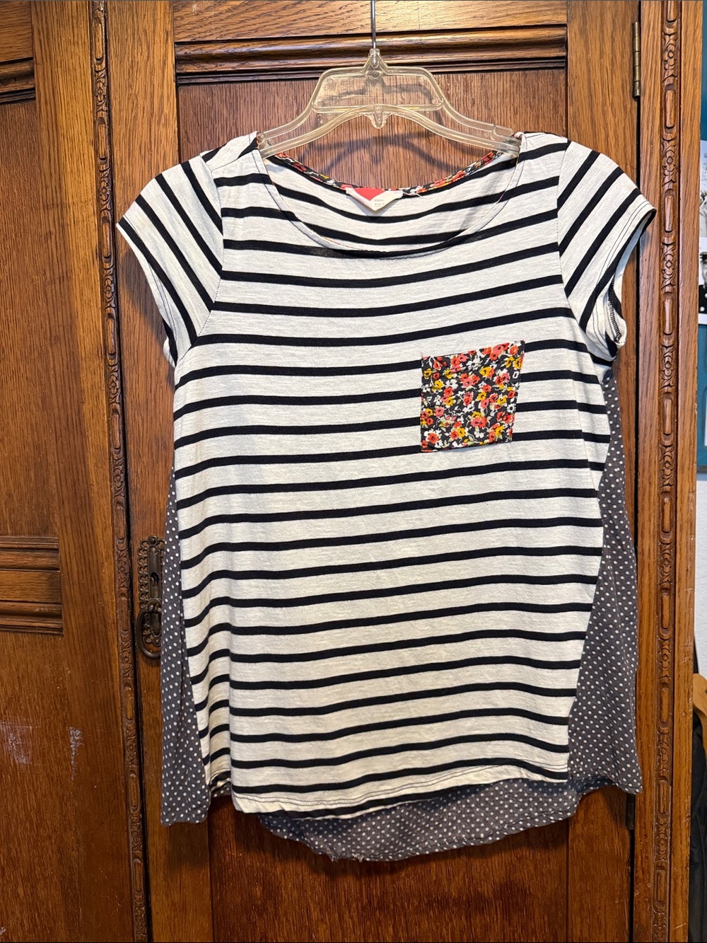 Anthropologie Black and White Striped Short Sleeve Top with Floral Pocket